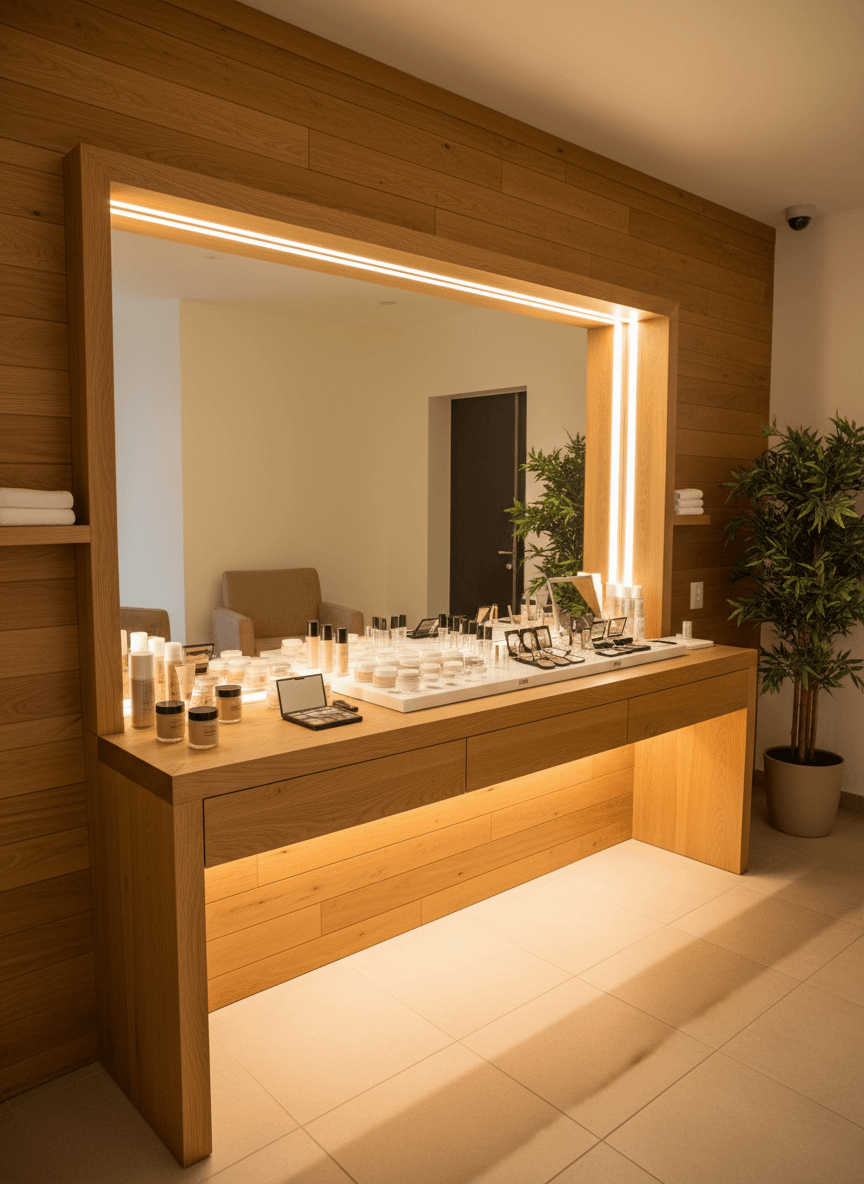 Firefly Gemini Flash Spa Makeup Area With Cosmetic Display Counter Warm Yellow Lighting Wooden Wall Pane 349580