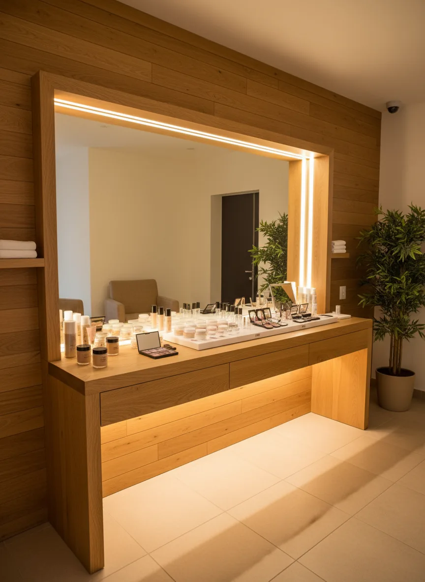 Firefly Gemini Flash Spa Makeup Area With Cosmetic Display Counter Warm Yellow Lighting Wooden Wall Pane 349580