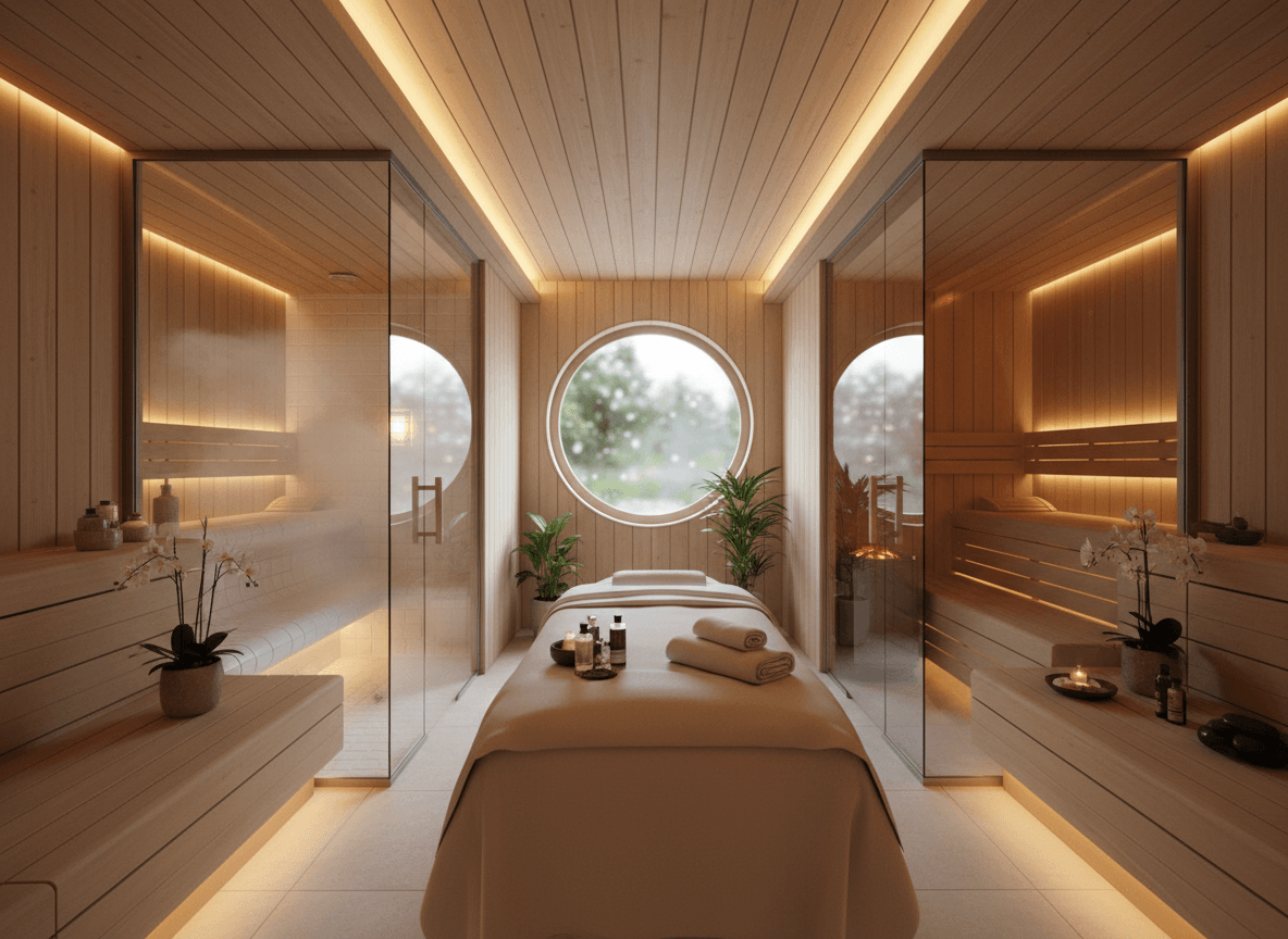 Firefly Gemini Flash Spa Massage Room Combined With Steam And Dry Sauna Light Wood Cladding Tempered Gla 195706