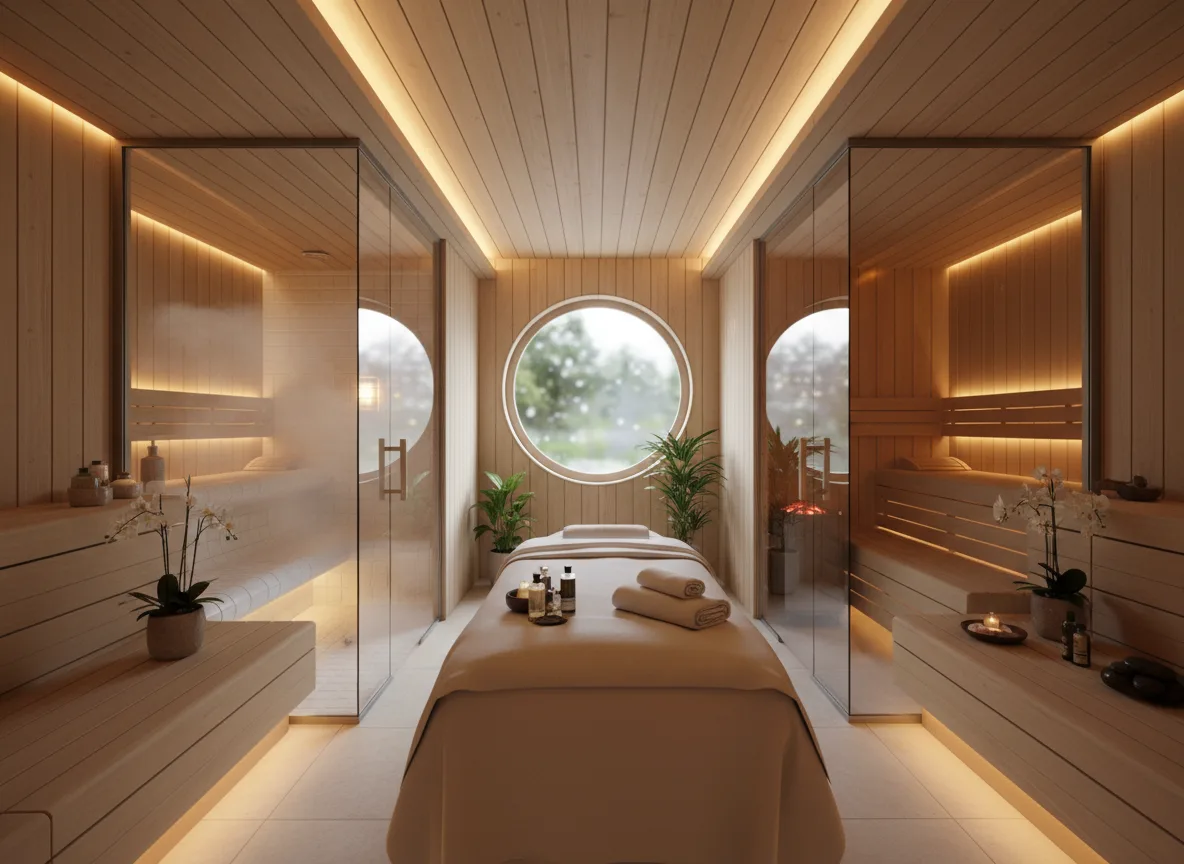 Firefly Gemini Flash Spa Massage Room Combined With Steam And Dry Sauna Light Wood Cladding Tempered Gla 195706