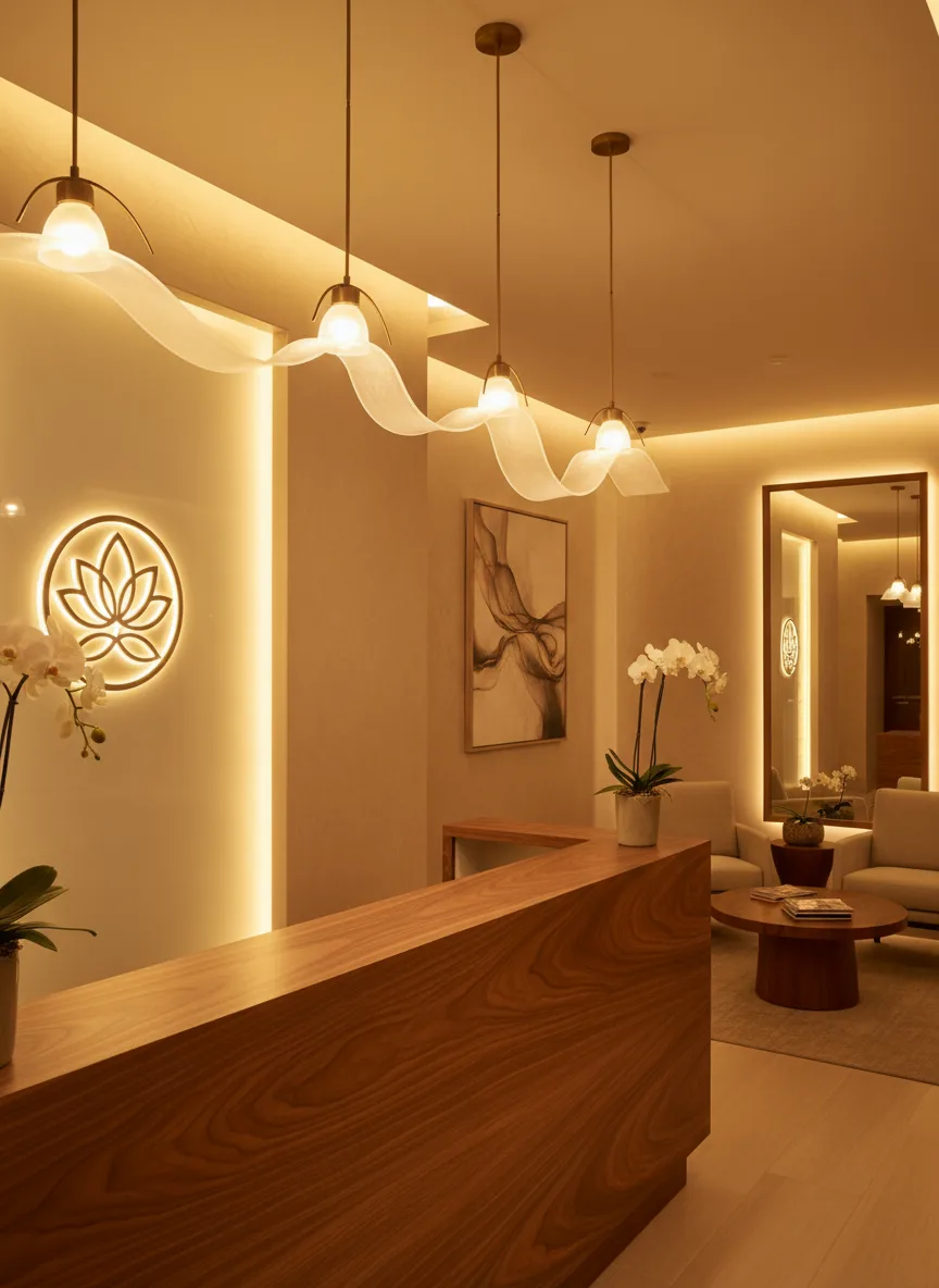 Firefly Gemini Flash Spa Reception Area With Soft Golden Lighting Artistic Pendant Lamps Wooden Counter 189713