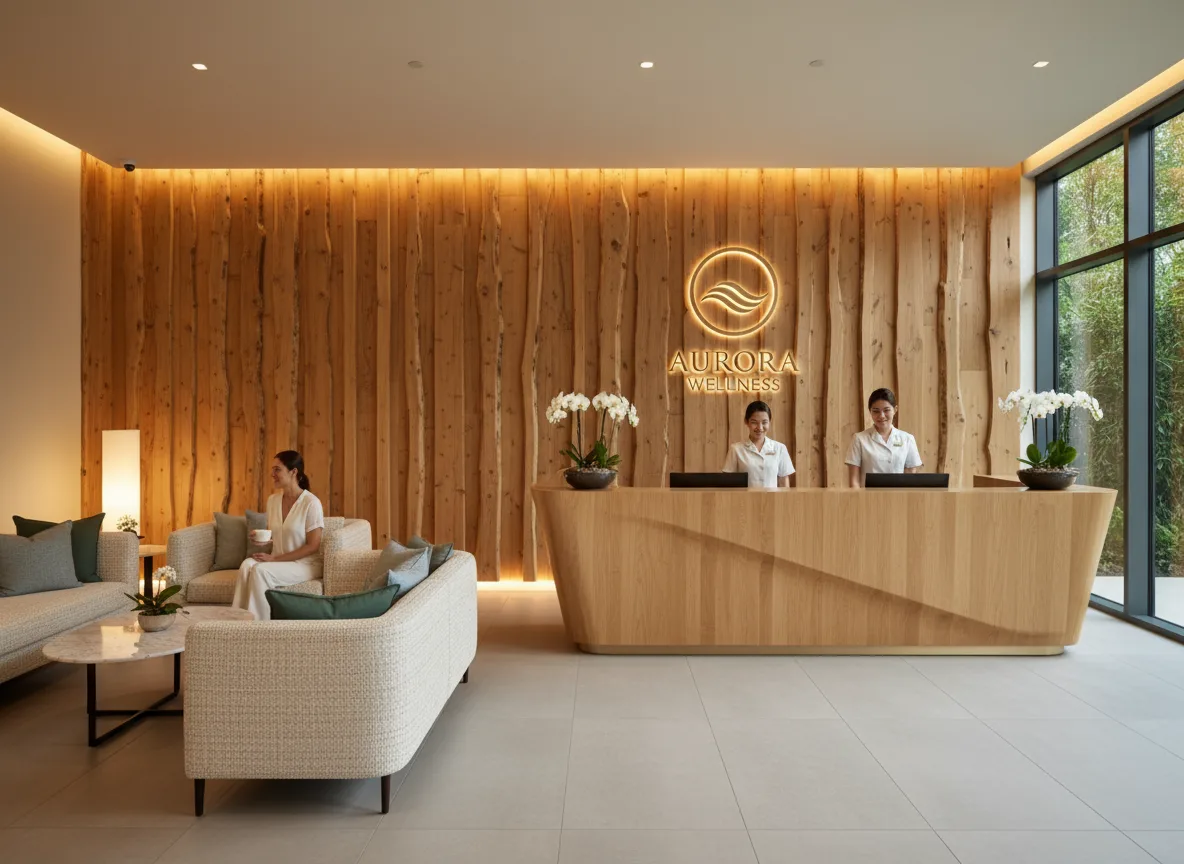 Firefly Gemini Flash Spa Reception Area With Wooden Counter Branded Wall Logo Fabric Sofas Accent Light 195706