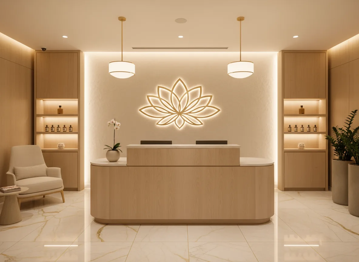 Firefly Gemini Flash Spa Reception Counter In Beige Wood Highlighted Wall Logo Soft Lighting Minimal An 286159