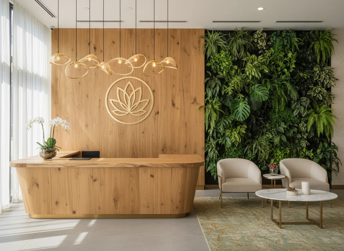 Firefly Gemini Flash Spa Reception Desk In Natural Wood Golden Ceiling Lights Embossed Brand Logo With 349580