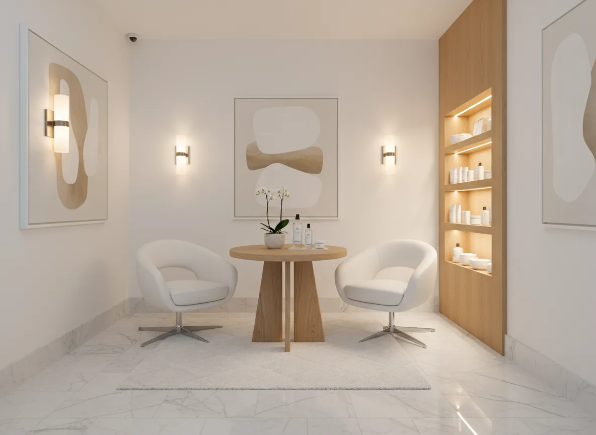 Firefly Gemini Flash Spa Skincare Area Design In White And Natural Wood Small Wooden Table White Leather 231272