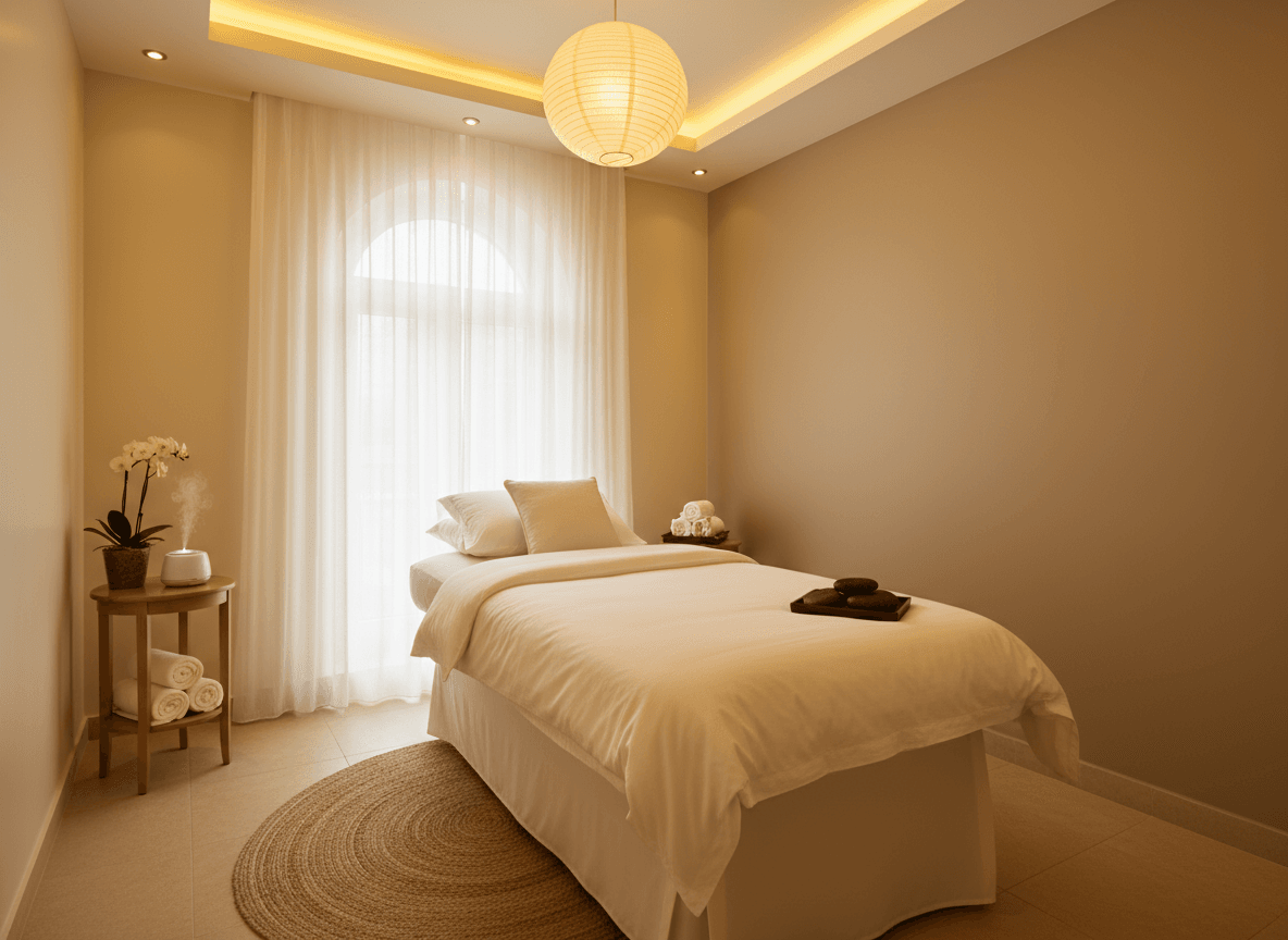 Firefly Gemini Flash Spa Treatment Room In Beige Tones White Cream Bed Linen Thin Curtains Warm Yellow 286159