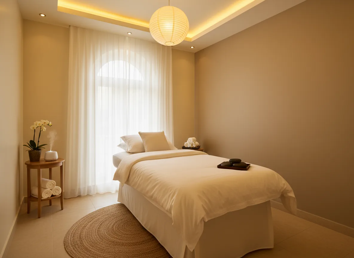 Firefly Gemini Flash Spa Treatment Room In Beige Tones White Cream Bed Linen Thin Curtains Warm Yellow 286159