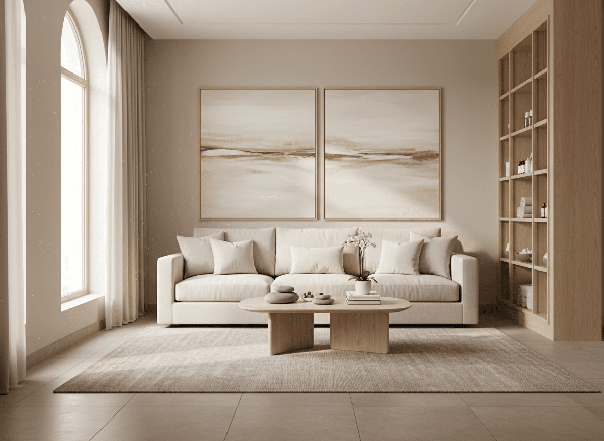Firefly Gemini Flash Spa Waiting Area In Beige Tones Cream Fabric Sofa Light Wooden Table Decorative Pa 286159