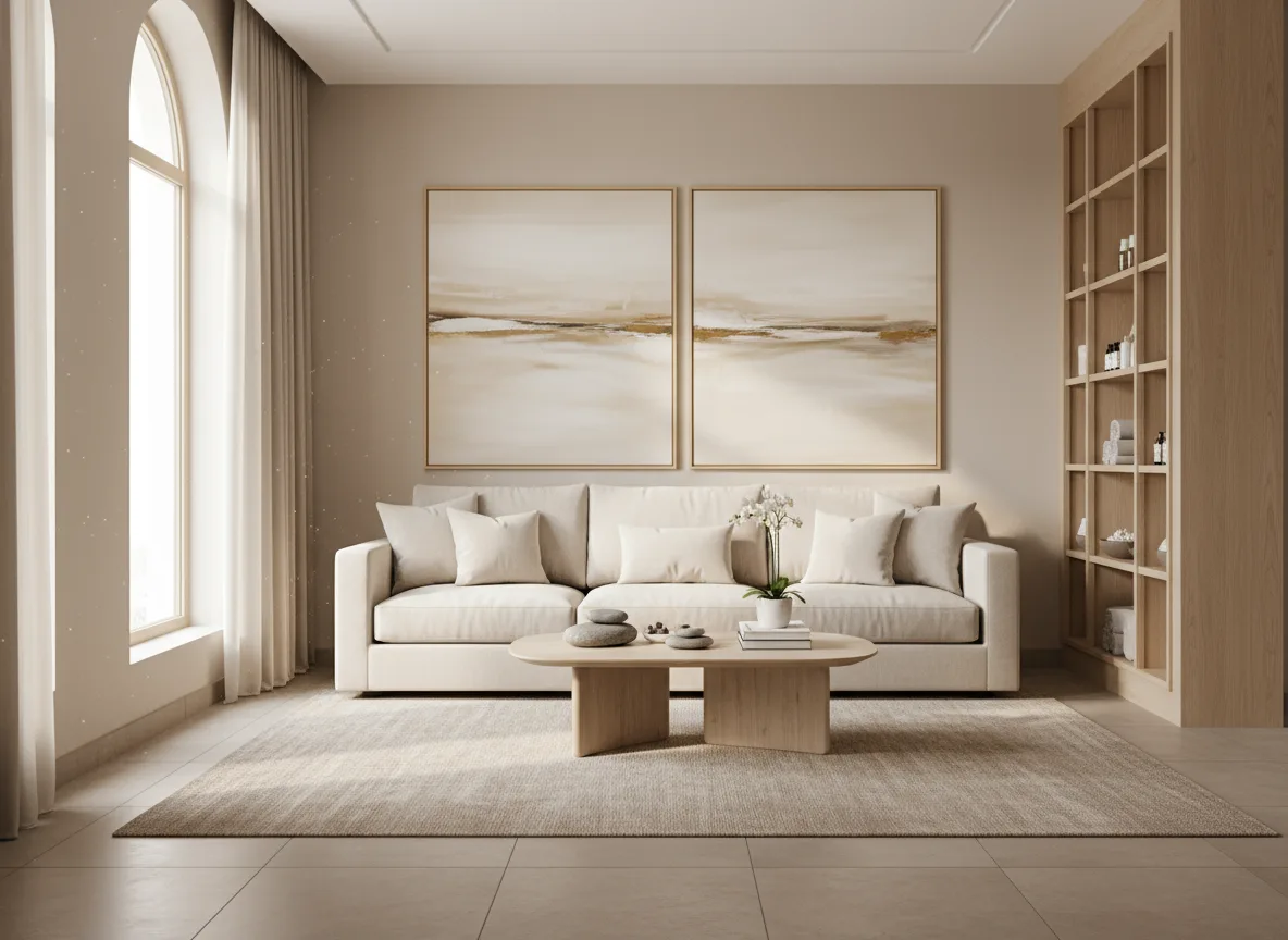 Firefly Gemini Flash Spa Waiting Area In Beige Tones Cream Fabric Sofa Light Wooden Table Decorative Pa 286159