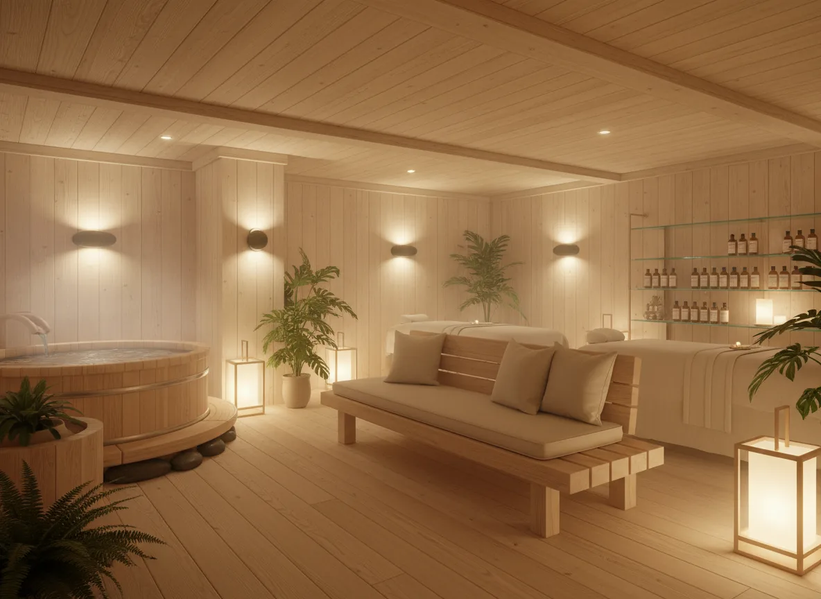 Firefly Gemini Flash Spa With Light Wooden Tones And Warm Yellow Lighting Evoking A Calm Natural And Re 349580