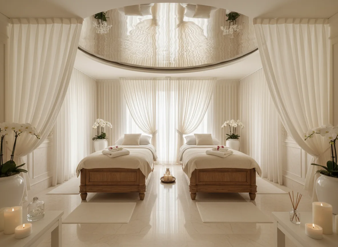Firefly Gemini Flash Uxury Spa In Cream White Tones Double Massage Beds Sheer Curtains Subtle Ceiling R 816936