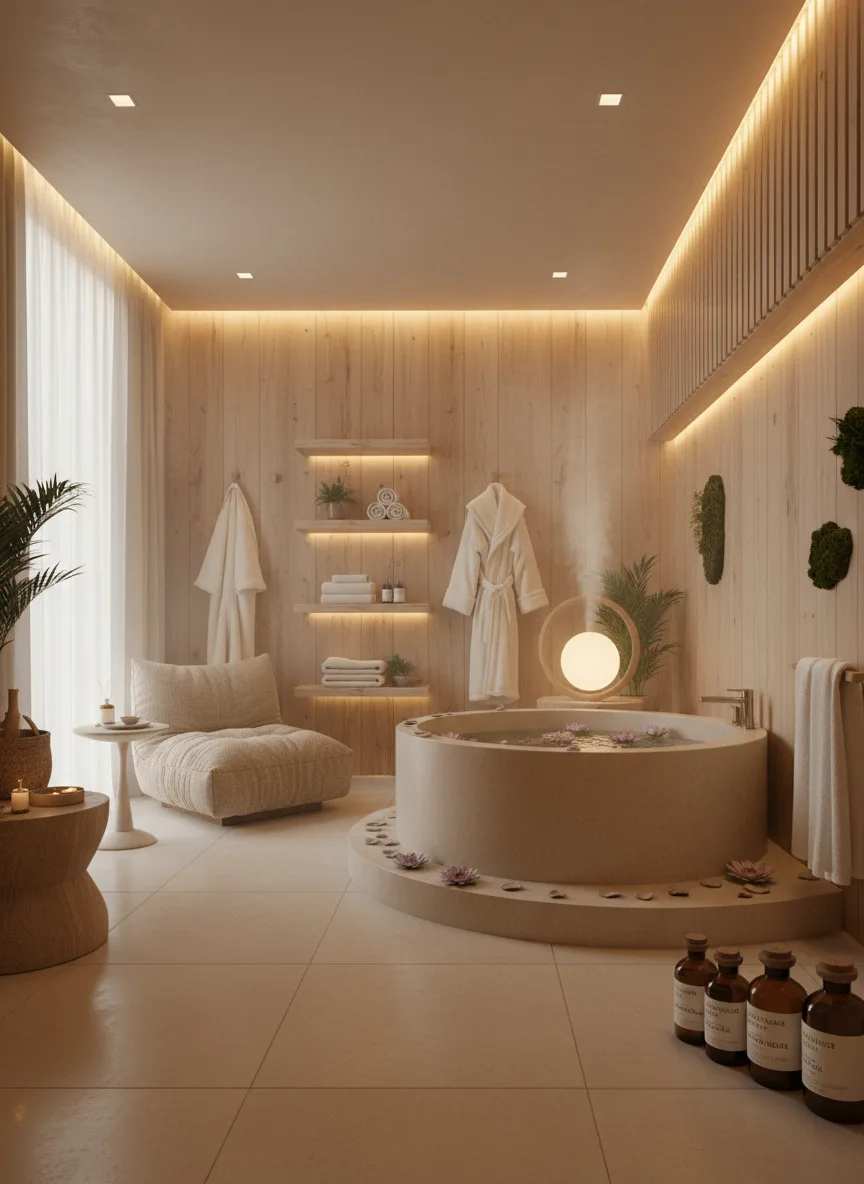 Firefly Gemini Flash Warm Beige Tone Spa With Soft Yellow Lights Wooden Walls Pleasant Essential Oil Aro 349580