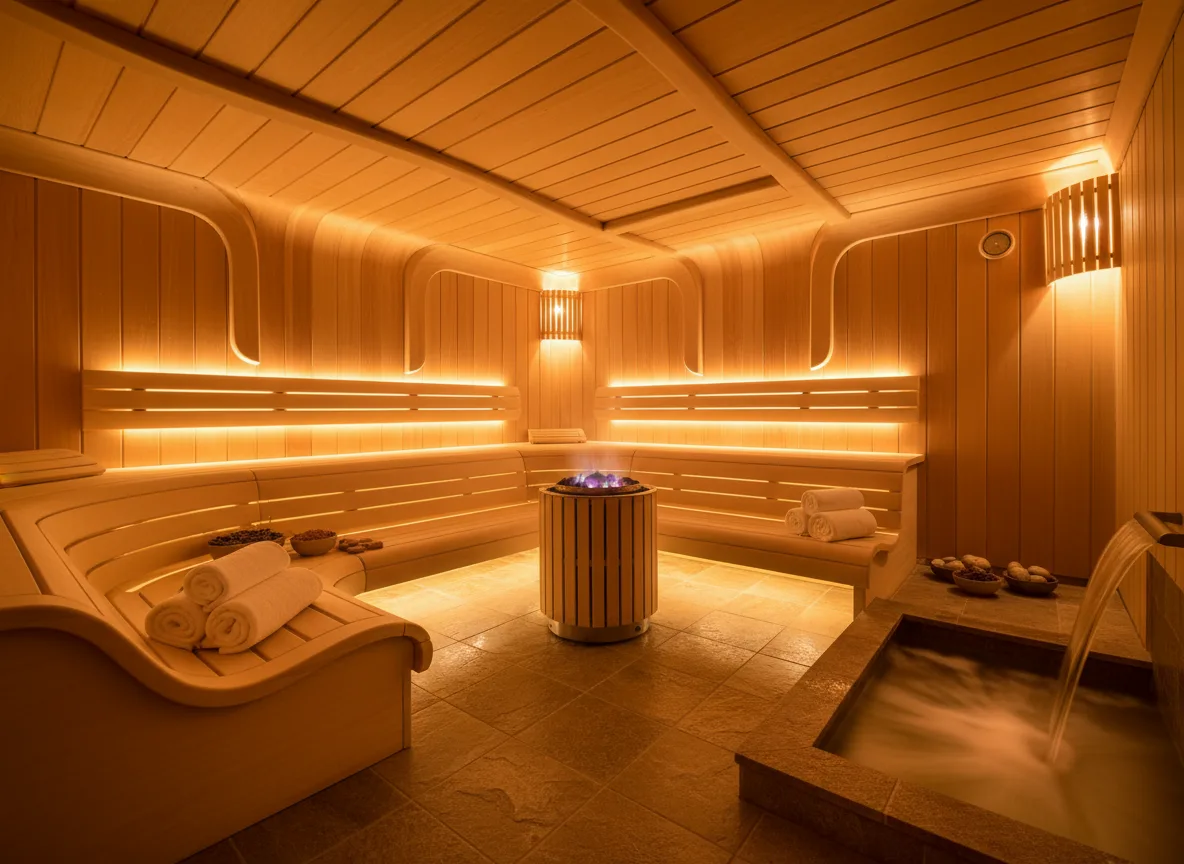 Firefly Gemini Flash Warm Golden Tone Spa Sauna With Dim Soft Lighting Curved Wooden Benches Luxurious A 195706
