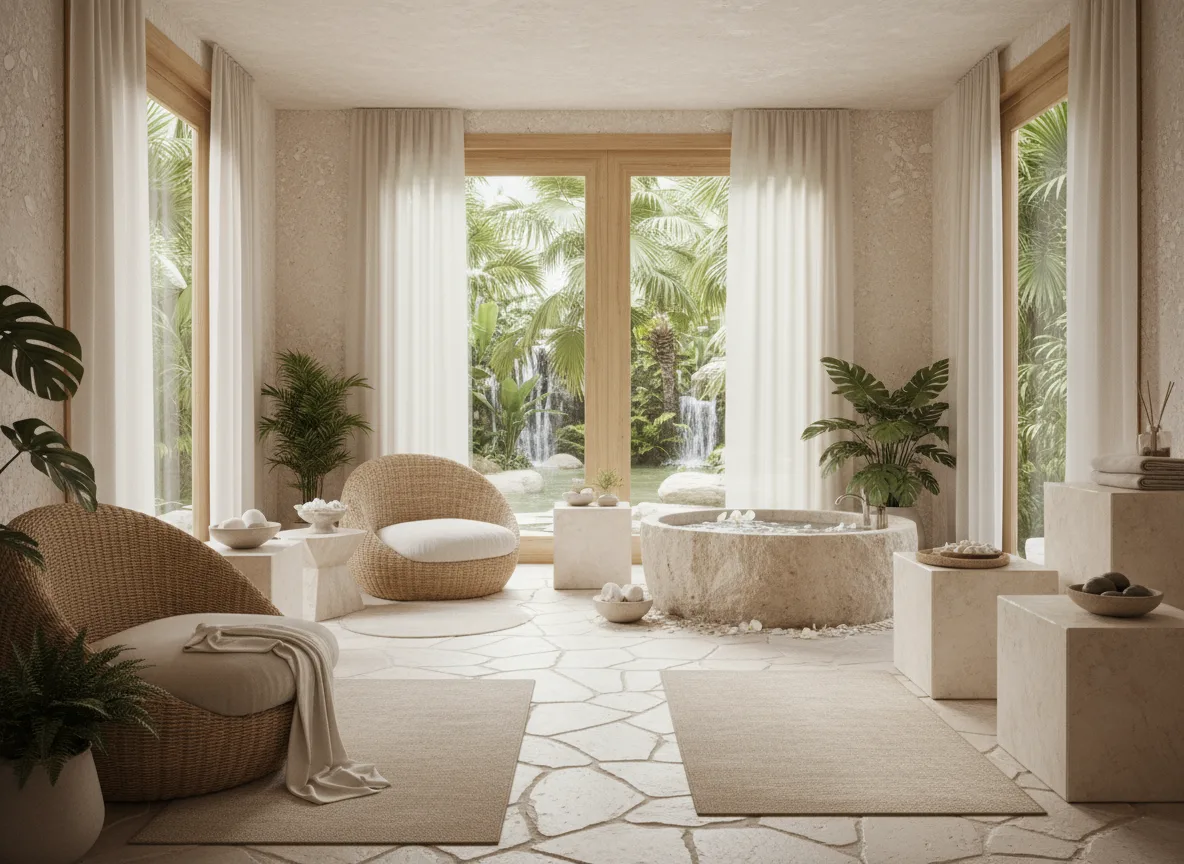 Firefly Gemini Flash White Beige Spa Design Featuring Rattan And Natural Stone Furniture Evoking A Cozy A 349580