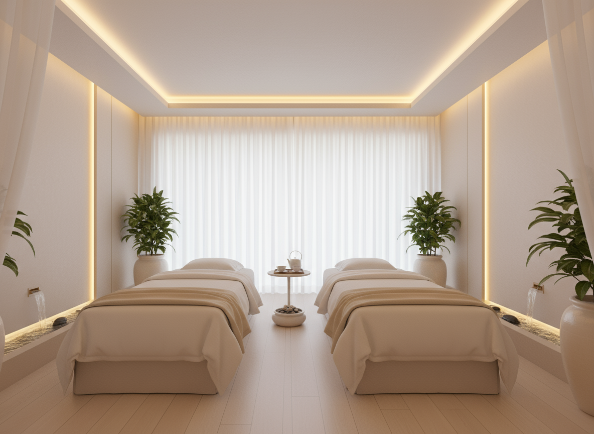 Firefly Gemini Flash White Beige Spa Design With Parallel Treatment Beds Gentle Warm Lighting And A Harm 349580 1