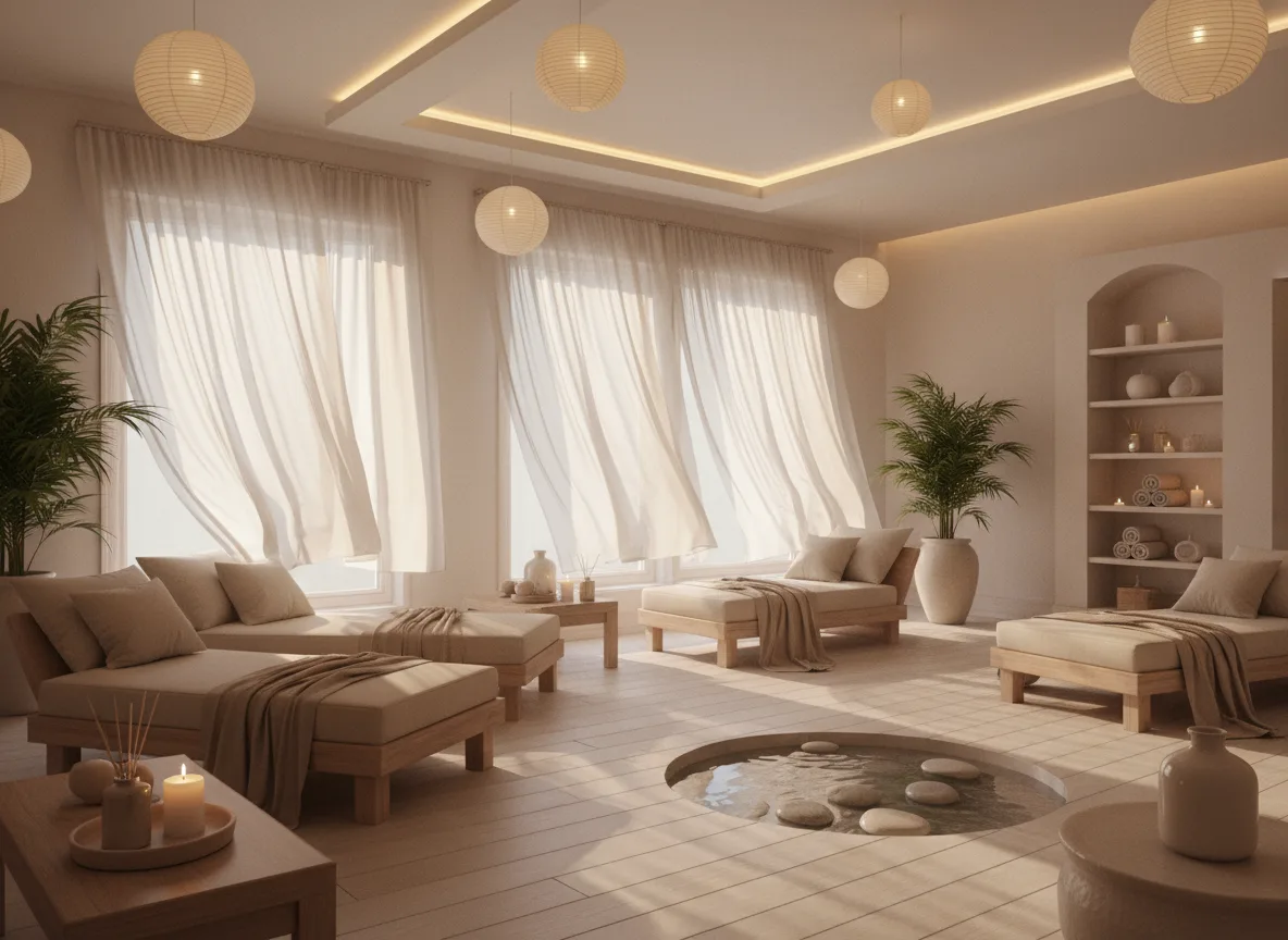 Firefly Gemini Flash White Beige Spa Design With Wooden Furniture Sheer Curtains Soft Warm Lighting Cre 349580