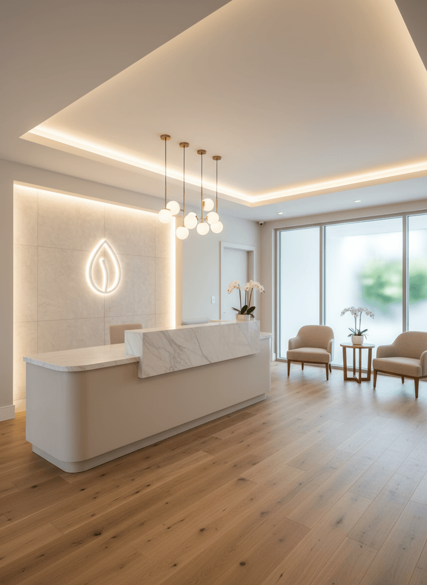 Firefly Gemini Flash White Beige Spa Reception Counter With Marble Top Led Logo Wall Wooden Floor Beige 189713