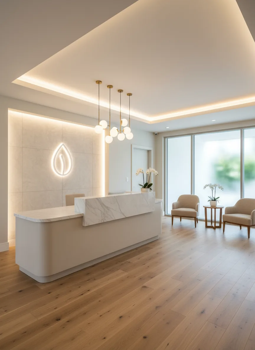 Firefly Gemini Flash White Beige Spa Reception Counter With Marble Top Led Logo Wall Wooden Floor Beige 189713