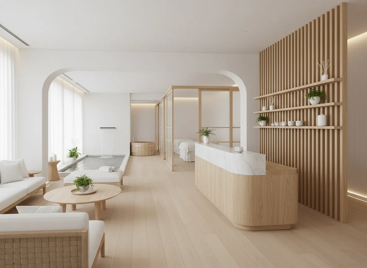 Firefly Gemini Flash White Tone Spa Design With Natural Wood Accents Open Layout Reception Counter And 231272