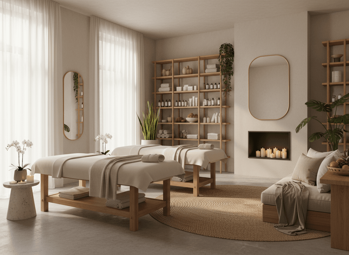 Firefly Gentle Bright Tone Spa Room With Massage Beds Cosmetic Shelves Natural Light And A 231272