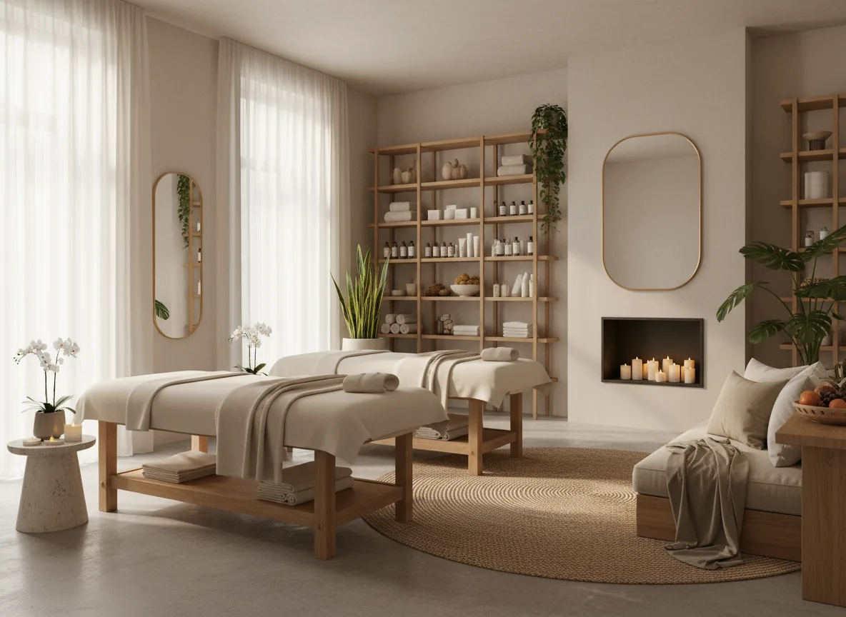 Firefly Gentle Bright Tone Spa Room With Massage Beds Cosmetic Shelves Natural Light And A 231272