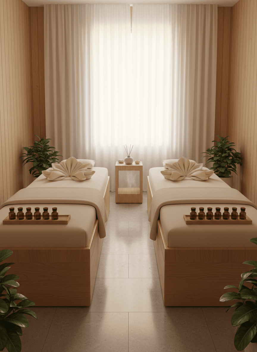Firefly High End Spa Treatment Room Interior Wooden Massage Beds Soft Yellow Lighting Ligh 189713