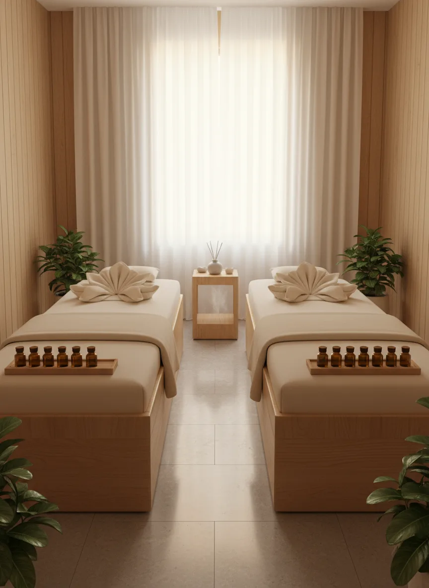 Firefly High End Spa Treatment Room Interior Wooden Massage Beds Soft Yellow Lighting Ligh 189713