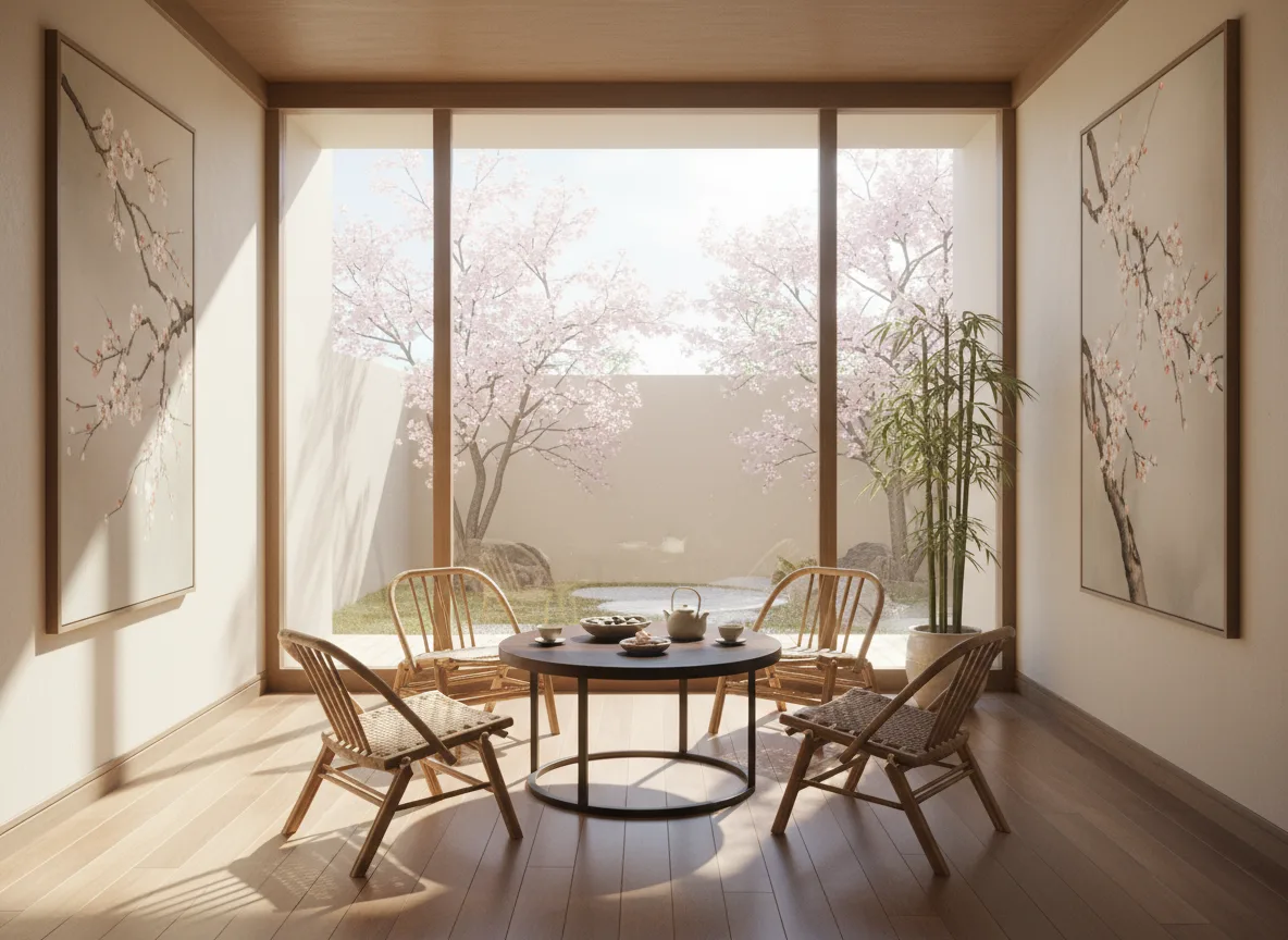 Firefly Japanese Spa Waiting Area With Low Tea Table Bamboo Chairs Cherry Blossom Paintings 286159