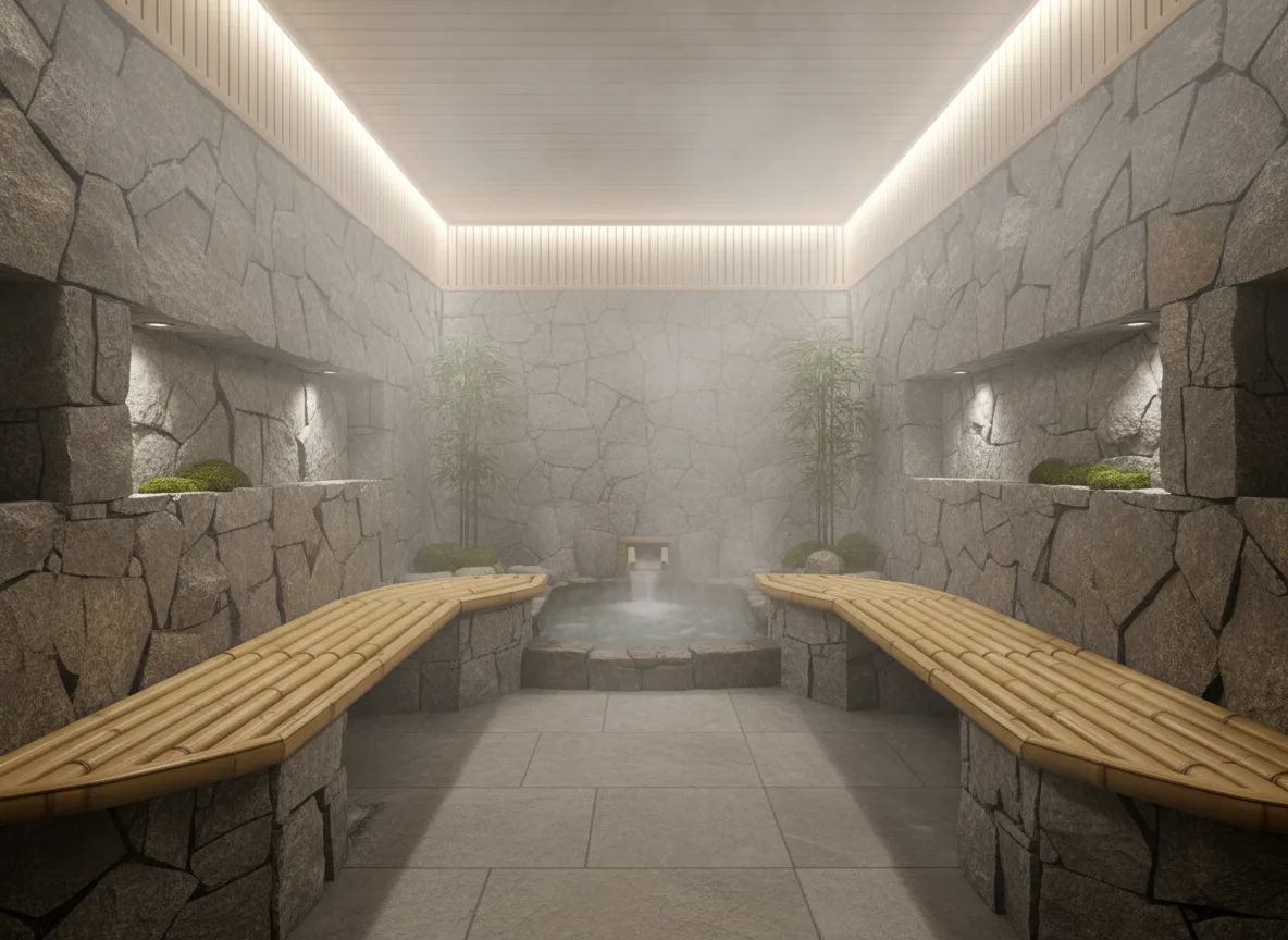 Firefly Japanese Style Spa Steam Room With Stone Walls Bamboo Benches Soft Ambient Light M 286159