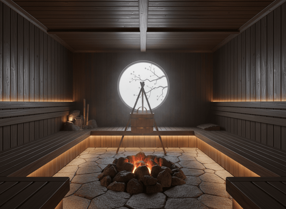 Firefly Japanese Style Zen Spa Sauna With Dark Wood Subtle Lighting Stone Flooring And T 195706