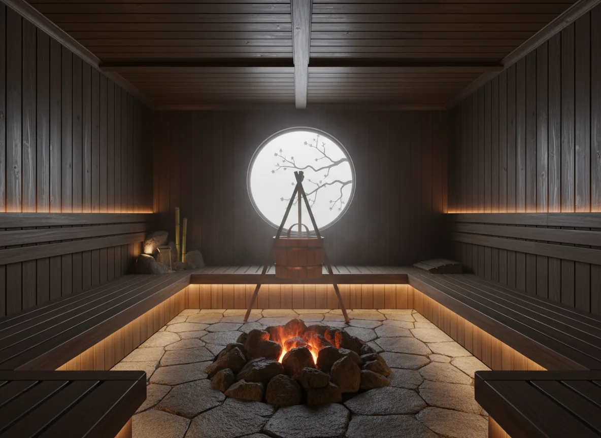 Firefly Japanese Style Zen Spa Sauna With Dark Wood Subtle Lighting Stone Flooring And T 195706