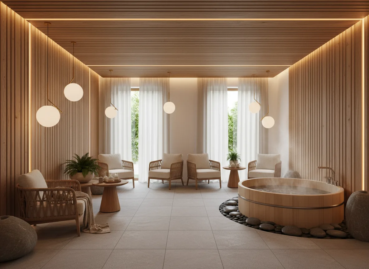 Firefly Kmodern Spa With Natural Wood Interior White Painted Walls Soft Golden Lighting Co 349580