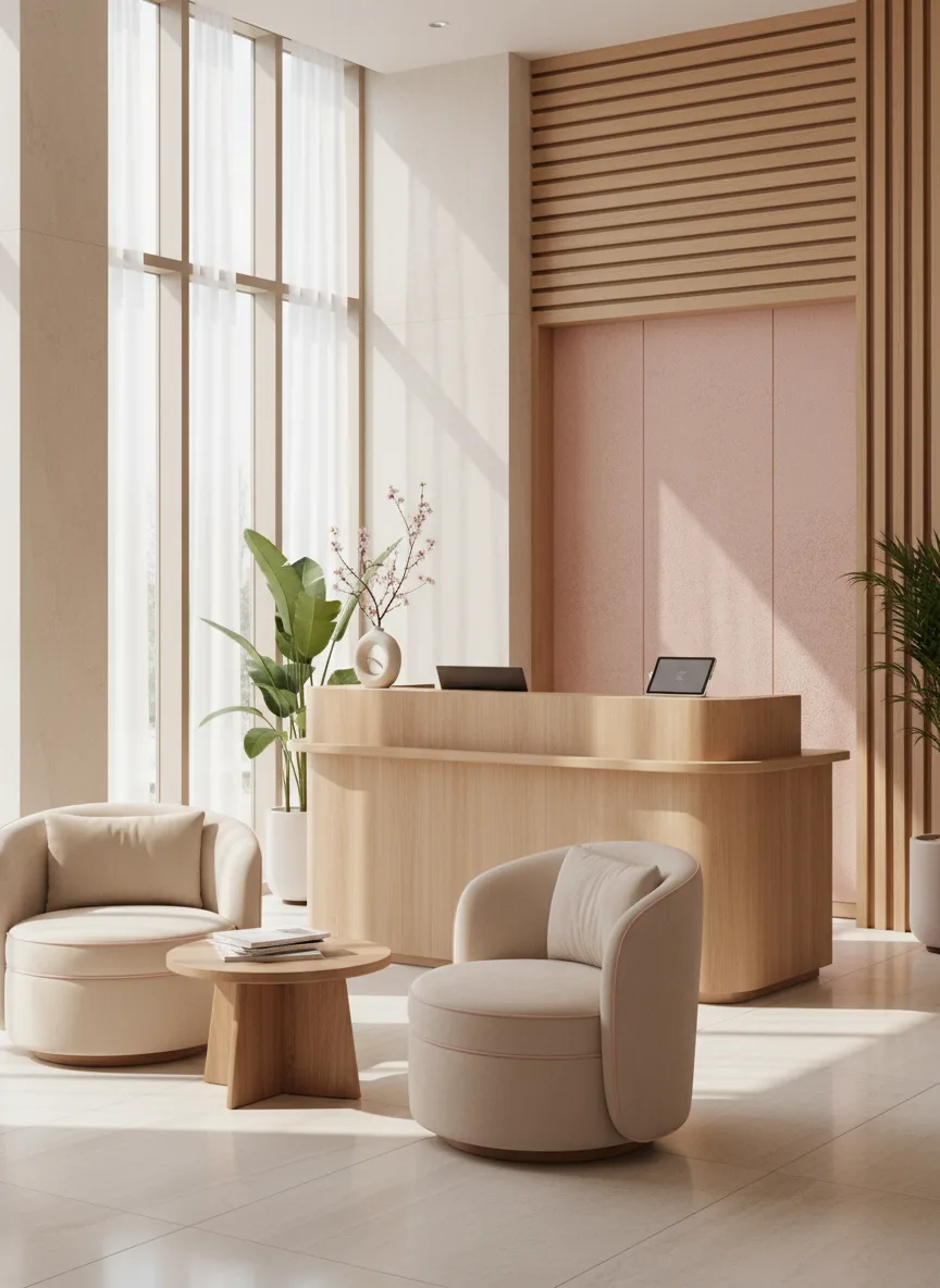 Firefly Korean Style Luxury Spa In Pastel Pink Beige Tones Compact Wooden Counter Soft Wait 189713