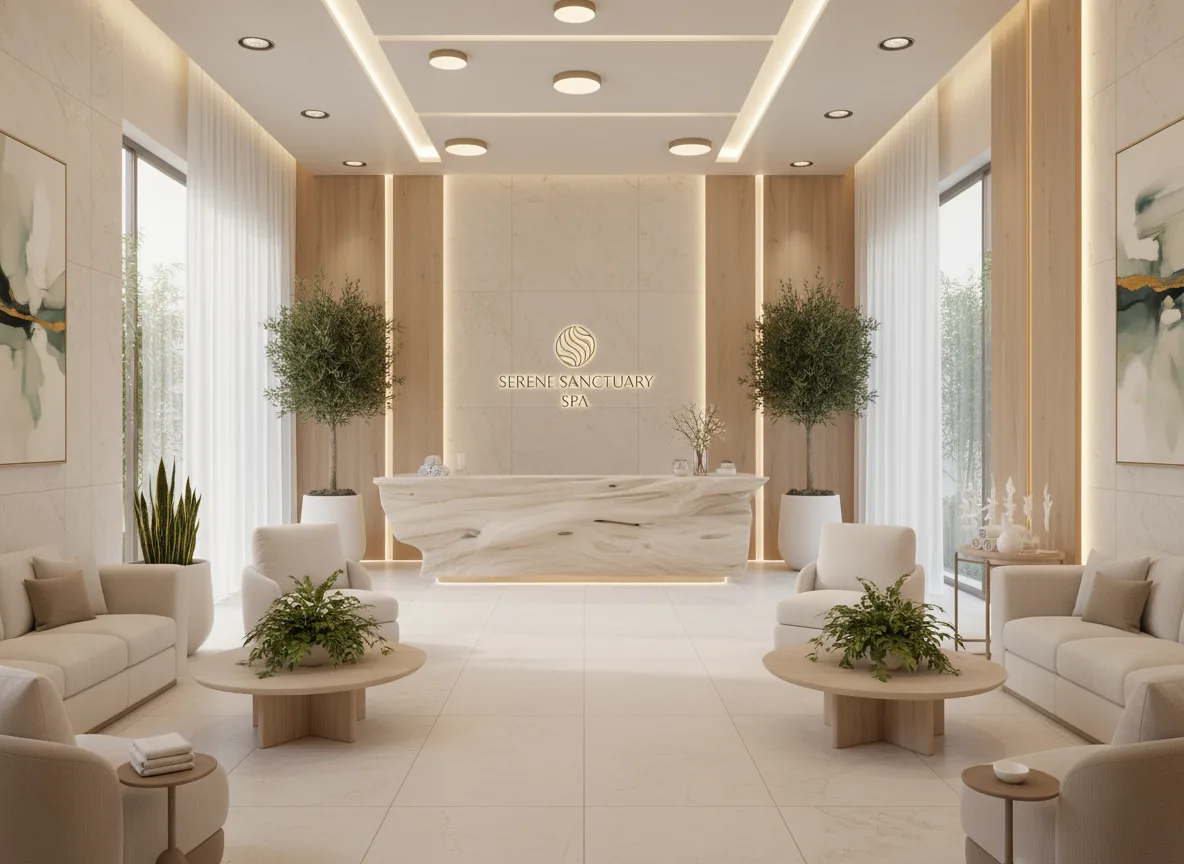 Firefly Luxury 5 Star Spa Design In White Beige Tones Light Wood Furniture Green Plants An 231272