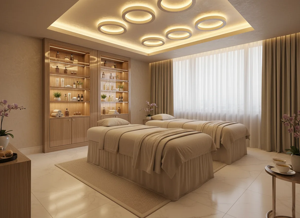 Firefly Luxury Beige Tone Spa Massage Room With Twin Beds Recessed Ceiling Lights Cosmetic 195706