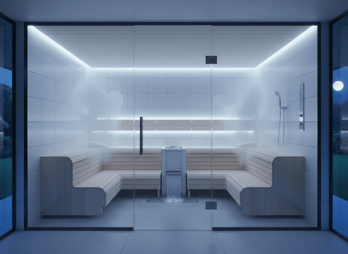 Firefly Luxury Steam Sauna With Tempered Glass Walls White Tiled Walls Soft Blue Lighting 195706