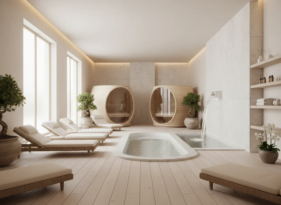Firefly Minimalist Spa In White Beige Tones Light Wood And Natural Stone Materials Evoking 349580