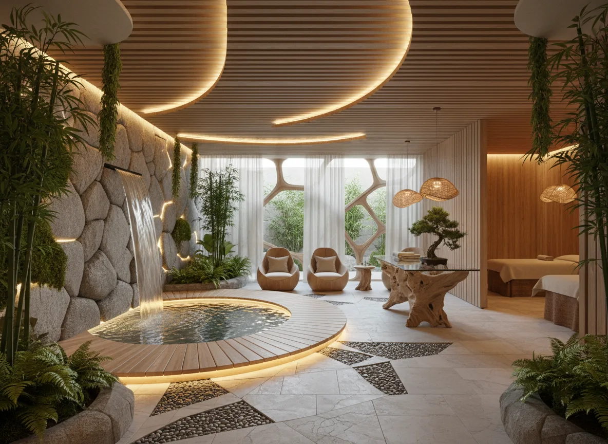 Firefly Modern Spa Design With Natural Elements Greenery Wood And Stone Textures Soft Amb 286159