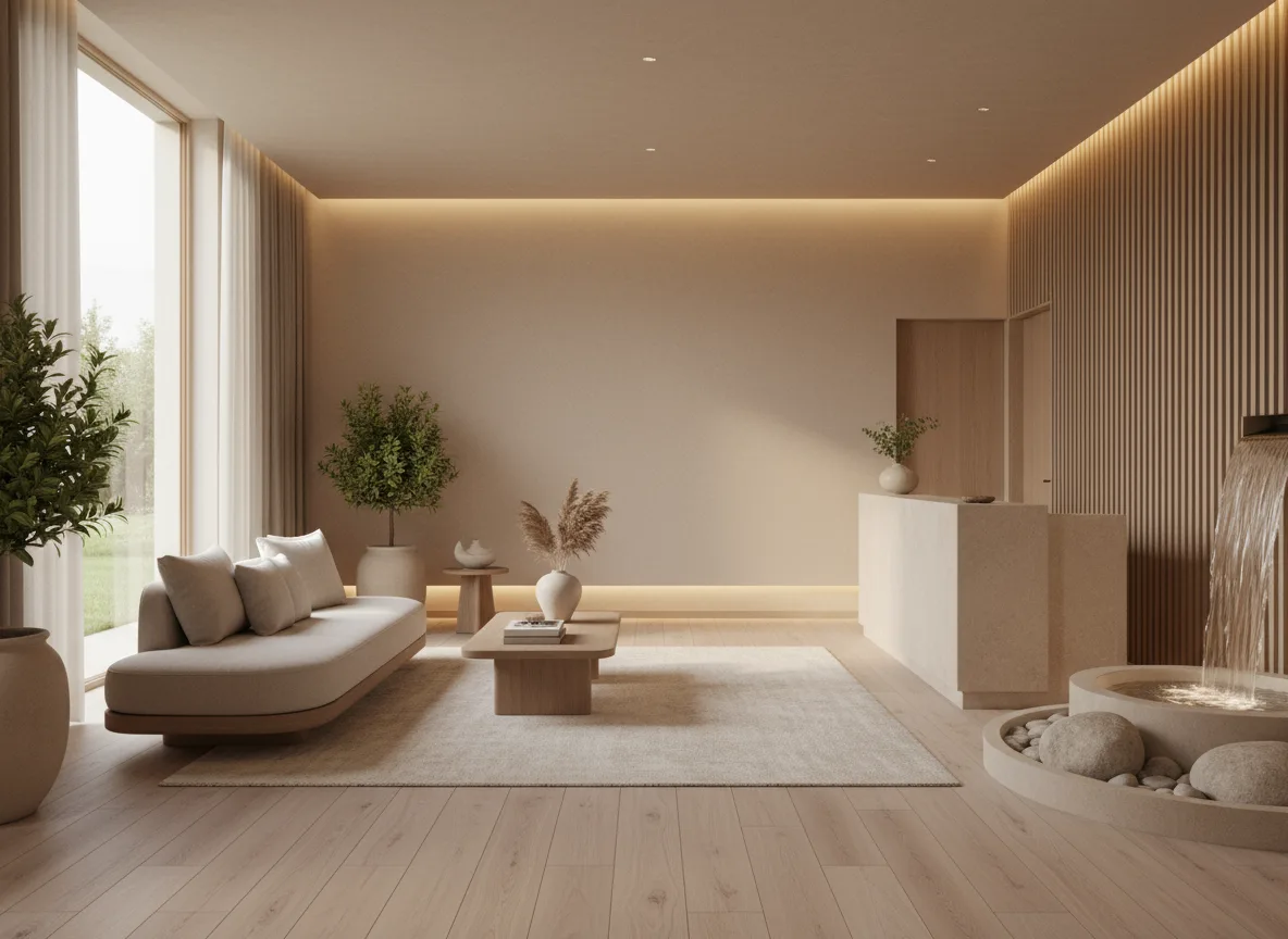 Firefly Modern Spa Interior In Soft Beige Tones Natural Lighting Light Wooden Floor Pale B 286159