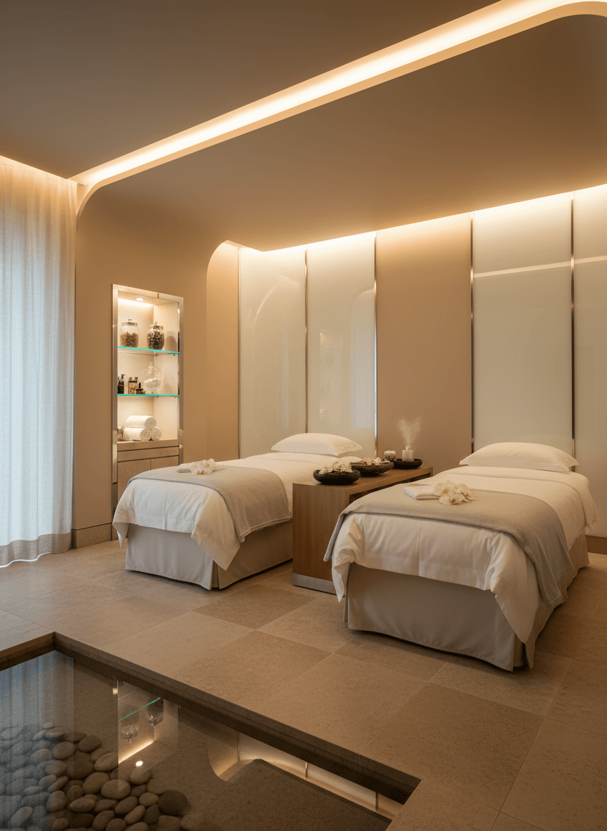 Firefly Modern Spa Treatment Area With Indirect Lighting Soft Beige Walls Twin Treatment Be 189713