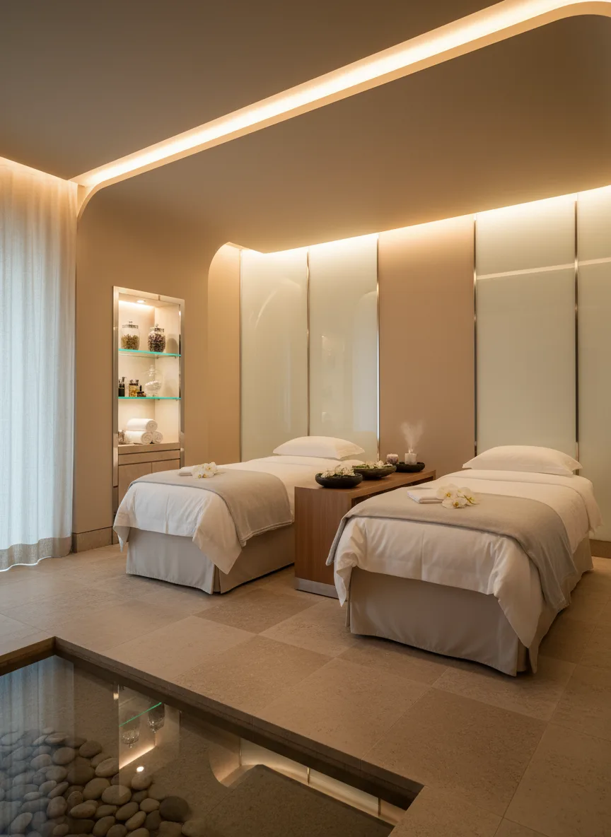 Firefly Modern Spa Treatment Area With Indirect Lighting Soft Beige Walls Twin Treatment Be 189713