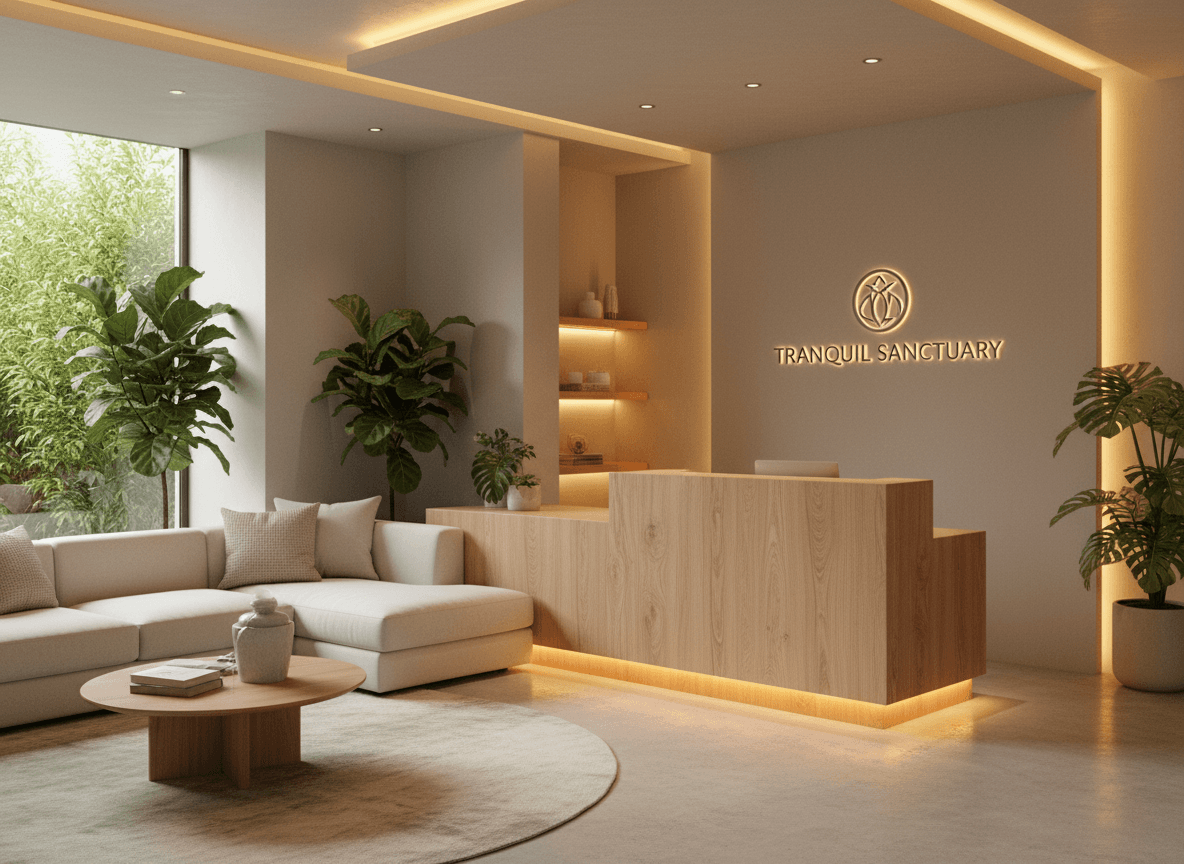 Firefly Modern Spa With L Shaped Wooden Reception Desk Waiting Sofa Soft Yellow Lighting G 362302 Firefly Modern Spa With L Shaped Wooden Reception Desk Waiting Sofa Soft Yellow Lighting G 362302