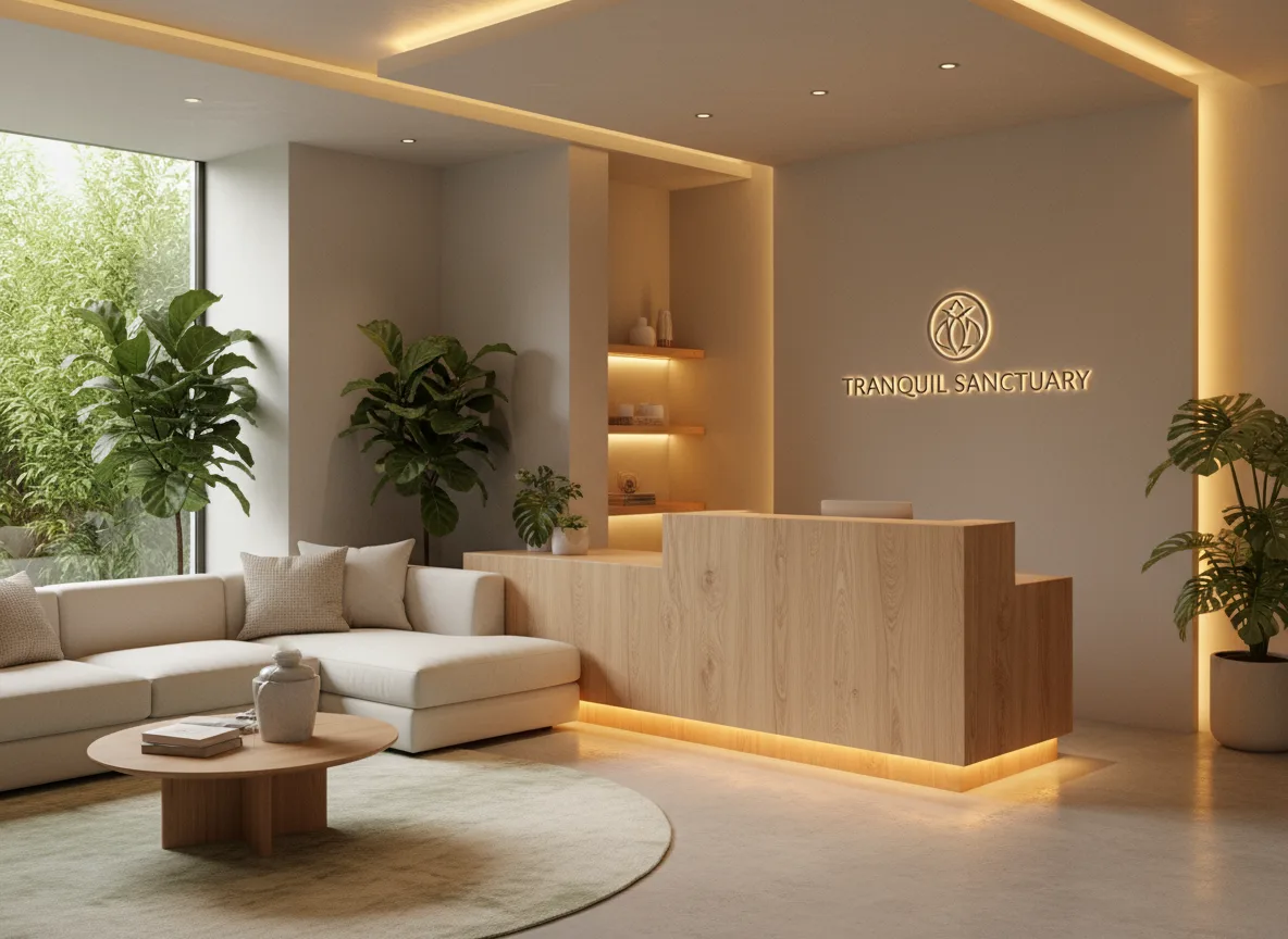 Firefly Modern Spa With L Shaped Wooden Reception Desk Waiting Sofa Soft Yellow Lighting G 362302