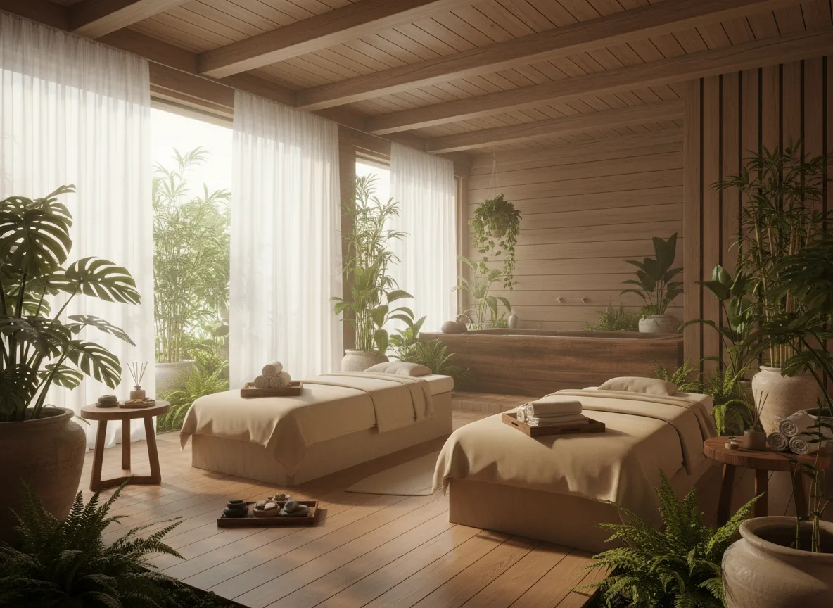 Firefly Natural Relaxing Spa Design With Soft Sunlight Through Sheer Curtains Wooden Interio 349580