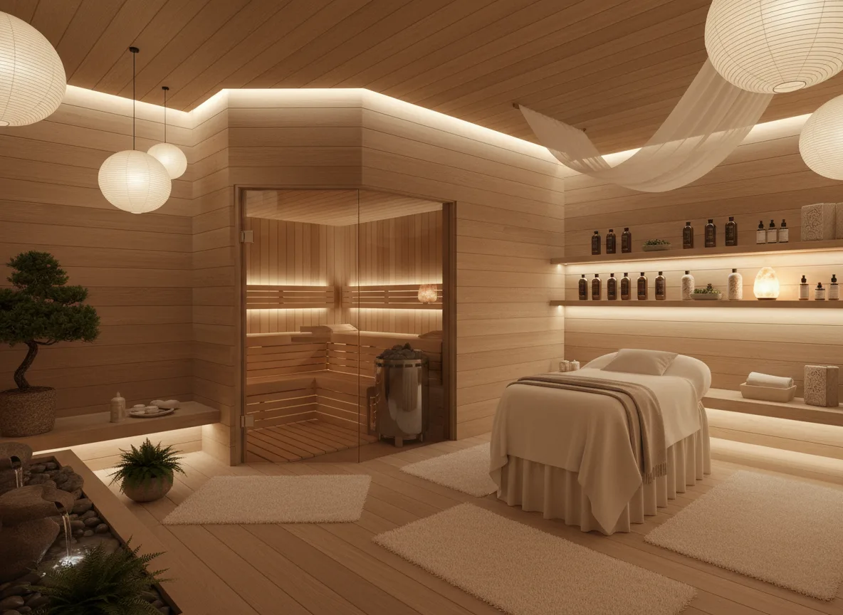 Firefly Professional Spa Design With Sauna And Skincare Area Natural Wood Interiors Warm Li 349580
