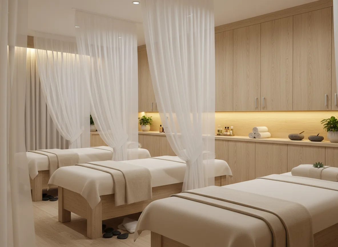 Firefly Spa Area With Massage Beds Natural Wood Cabinets Soft White Lighting Thin Curtains 231272