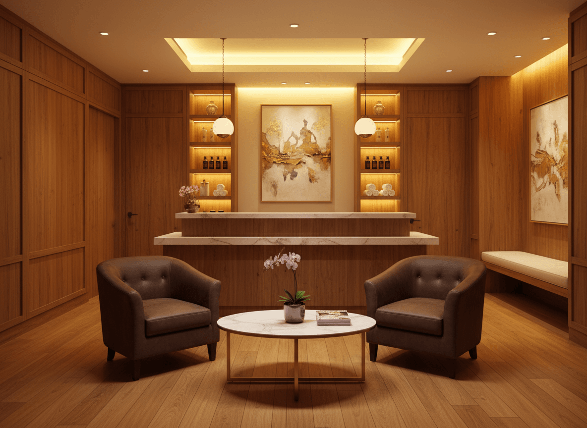 Firefly Warm Wooden Tone Spa Reception With Leather Chairs Marble Table Soft Yellow Lightin 195706