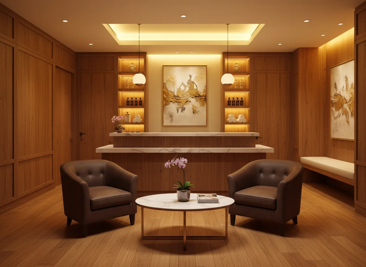 Firefly Warm Wooden Tone Spa Reception With Leather Chairs Marble Table Soft Yellow Lightin 195706