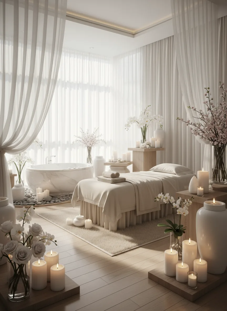 Firefly White Beige Luxury Spa Interior Sheer Curtains Natural Sunlight Candles And Flower 189713