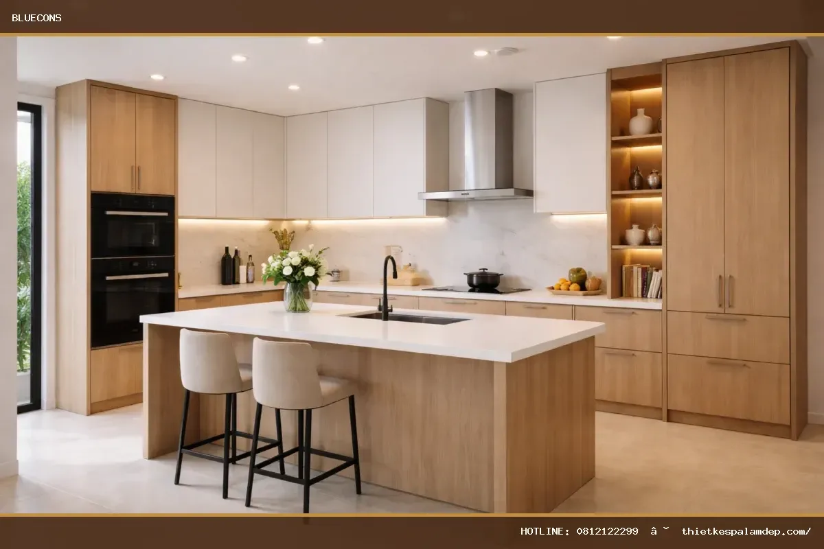 Hệ Tủ Bếp Gỗ MDF Cao Cấp TB009 – ảnh minh họa Bluecons